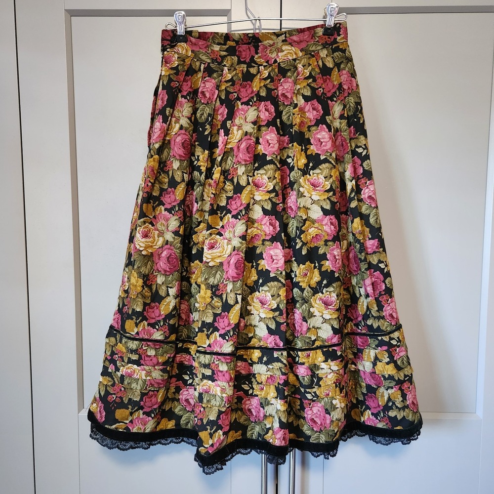 Vintage Lodenfrey Austrian Floral Wool Pleated Skirt with Velvet Lace Trim